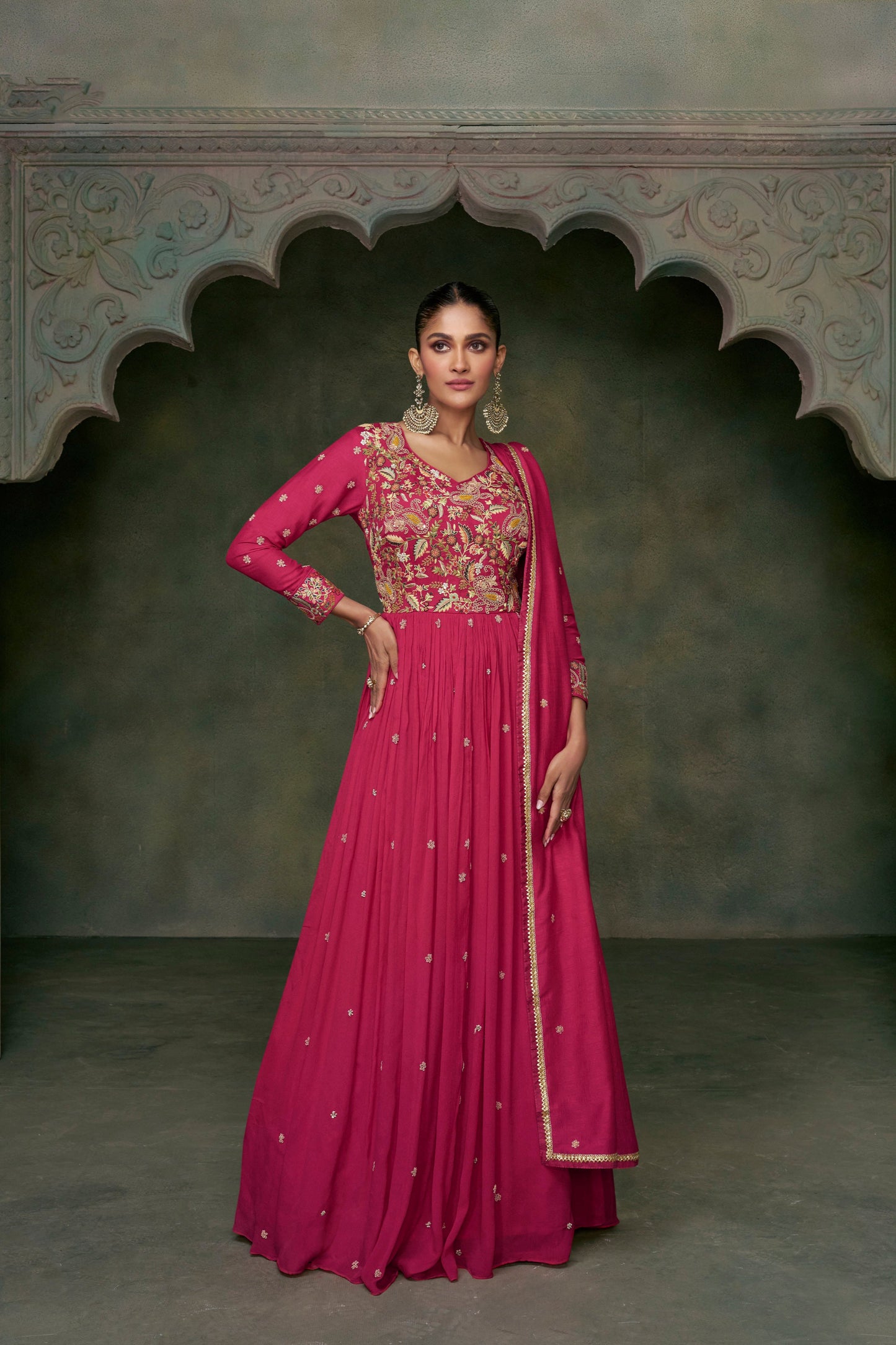Pink Anarkali Gown With Embroidery Worked Dupatta For Long Premium Silk