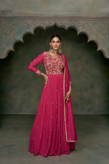 Pink Anarkali Gown With Embroidery Worked Dupatta For Long Premium Silk