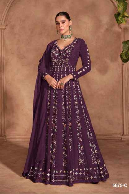Purple Anarkali Gown With Embroidery Work - Front View - Indian Ethnic Wear USA