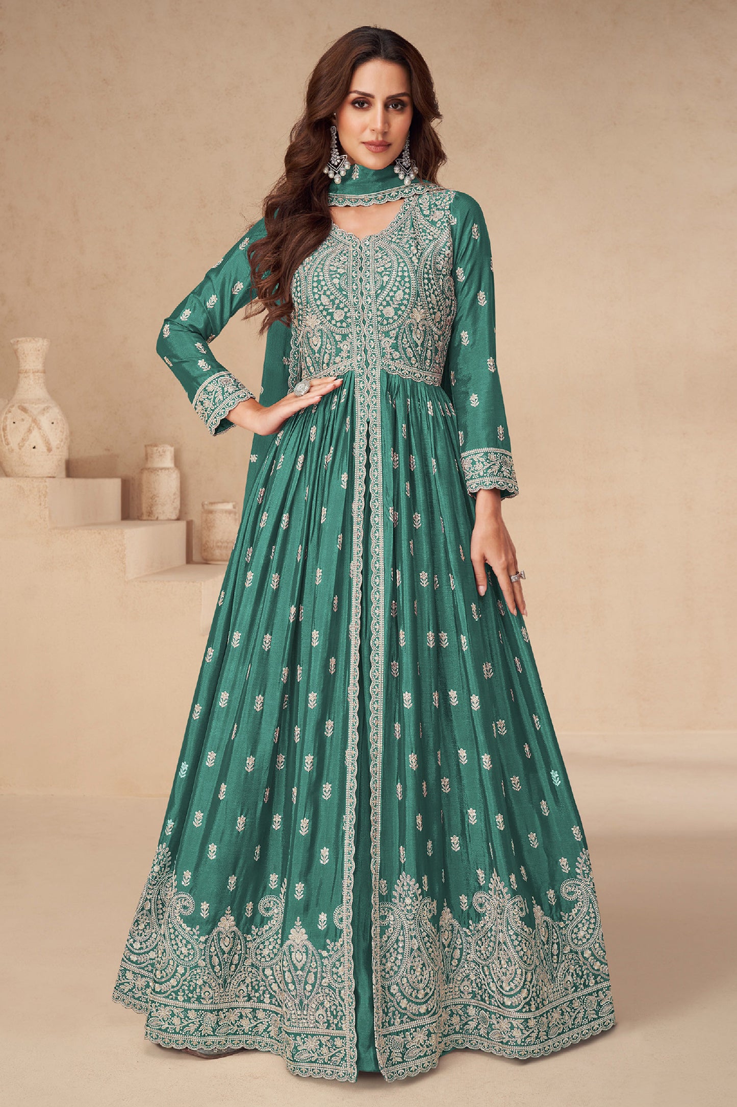 Chinon Ethnic Party Wear Anarkali Gown with Dupatta​ Suit's for Wedding Wear