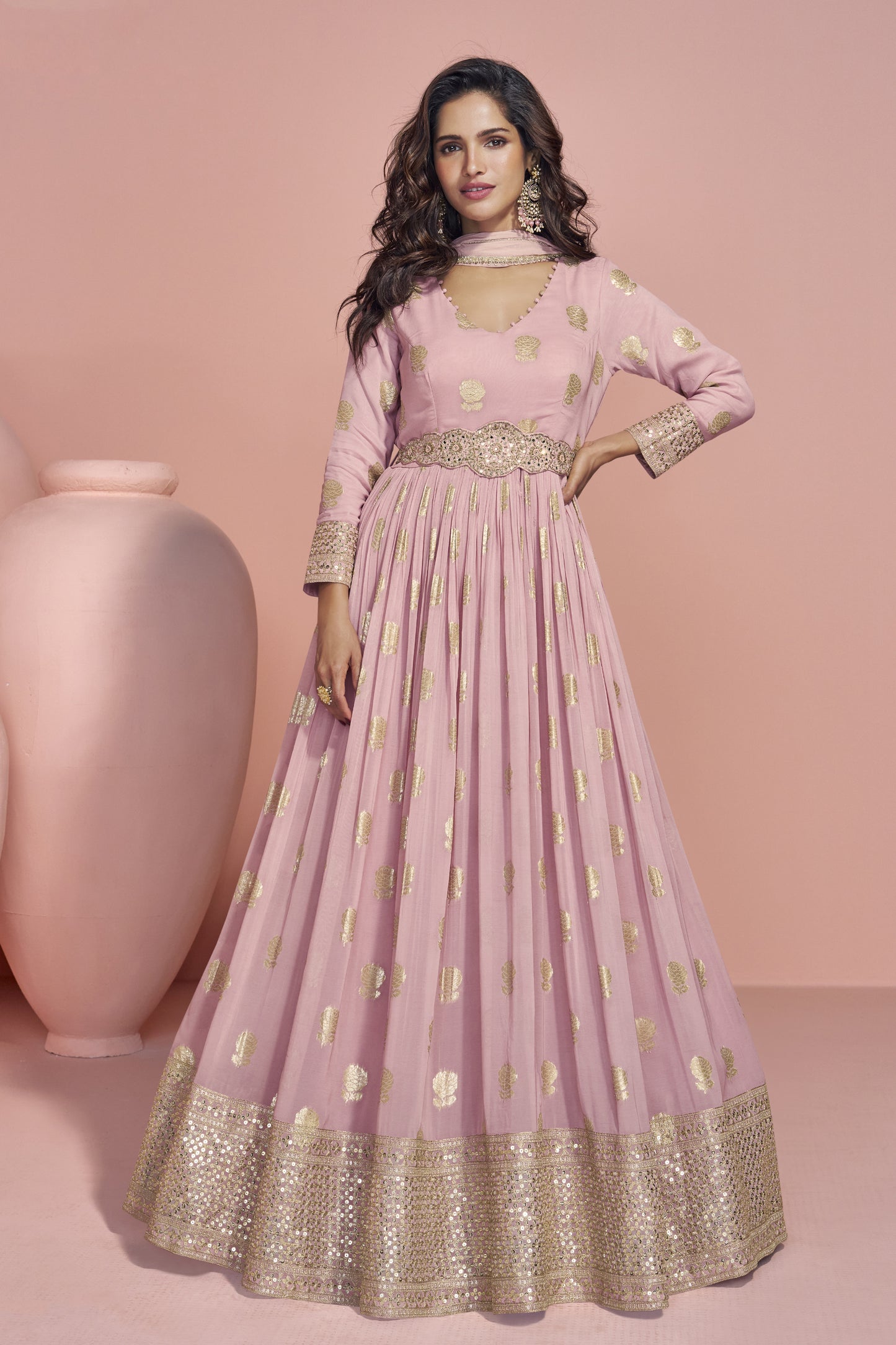 Reception Party Wear Pink Anarkali Gown Viscos Jacquard Silk With Silk Dupatta Dresses