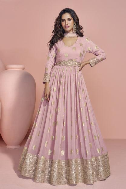 Reception Party Wear Pink Anarkali Gown Viscos Jacquard Silk With Silk Dupatta Dresses