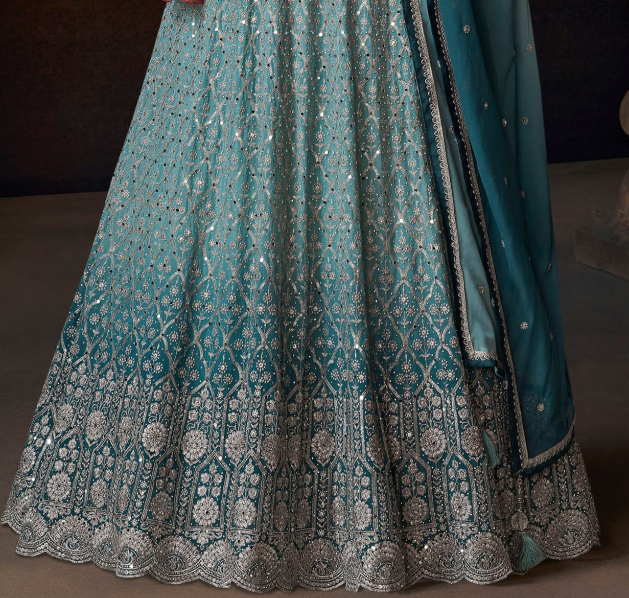 Embroidery Style Ready-Made Real Georgette Blue Beautiful Anarkali Gown Dress 
