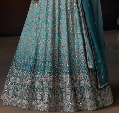 Embroidery Style Ready-Made Real Georgette Blue Beautiful Anarkali Gown Dress 