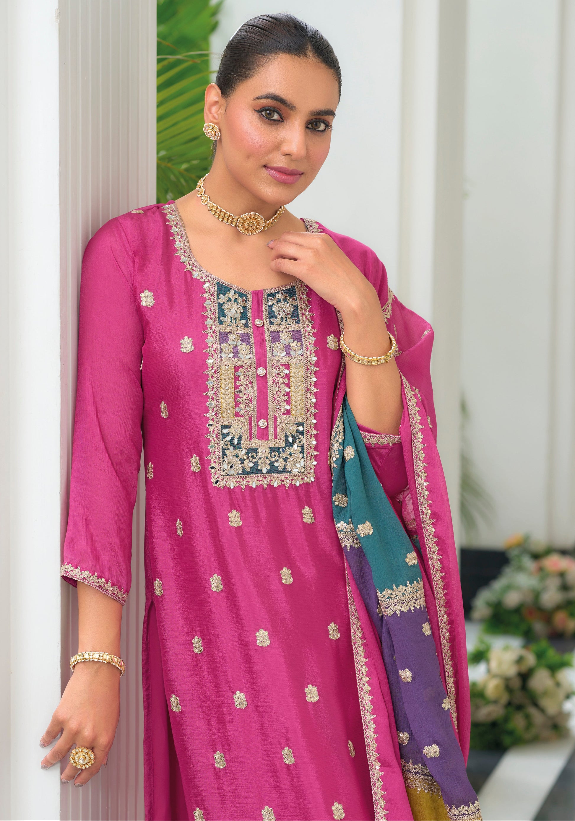 Pink Salwar Kameez Wedding Outfit Showing Detailed Embroidery Work on Kameez and Dupatta - Ready to Wear