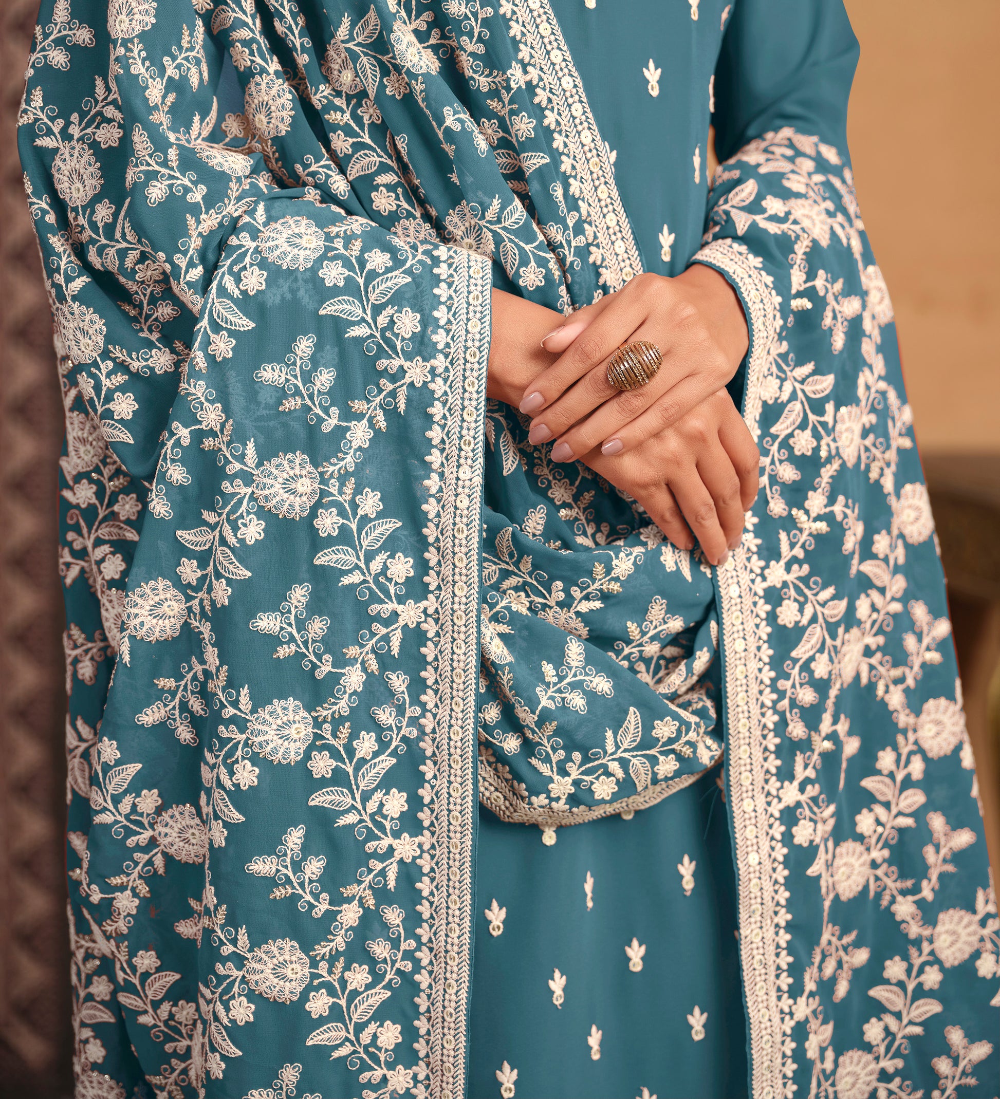 Blue Chinon Salwar Kameez Ready To Wear - Plus Size Available 32-44 Bust Pakistani Designer Dress