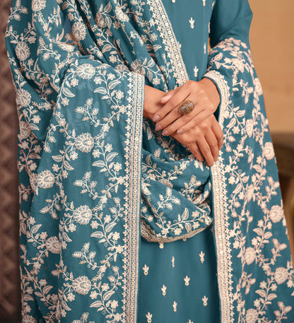 Blue Chinon Salwar Kameez Ready To Wear - Plus Size Available 32-44 Bust Pakistani Designer Dress