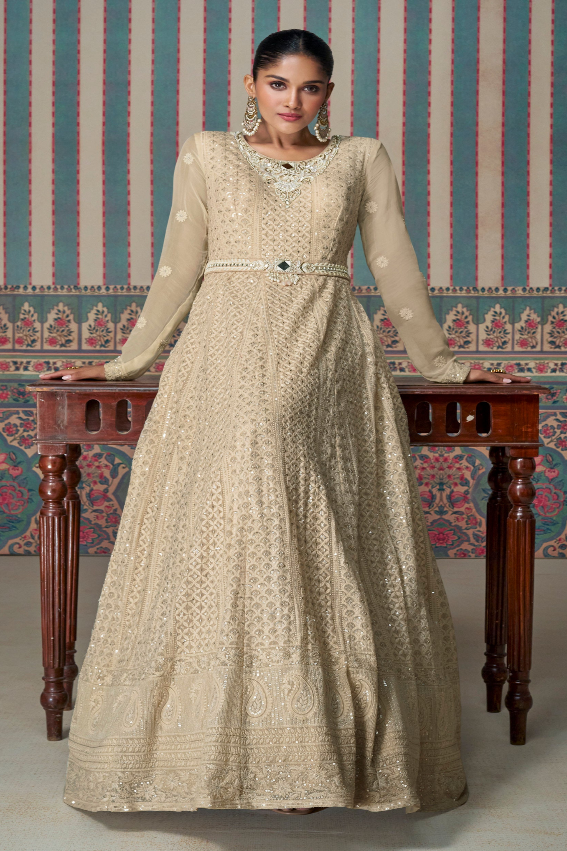 Cream Anarkali Dress With Chikankari Embroidery Work Gown 