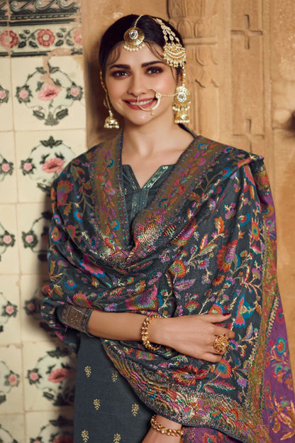 Grey Salwar Kameez Back View Showing Embroidery Detail and Dupatta Draping Style