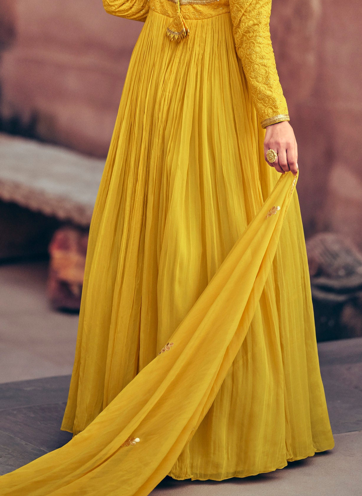 Yellow Anarkali Dress Embroidered Worked Full-Length Chinon Silk Gown