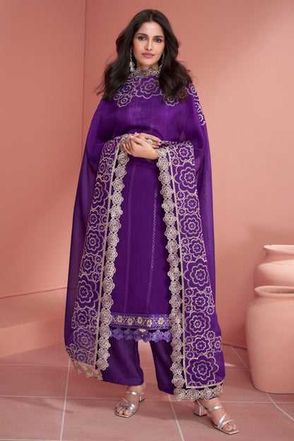 Royal Purple Pakistani Suit Back View With Organza Dupatta - Elegant Ethnic Wear For Special Occasions