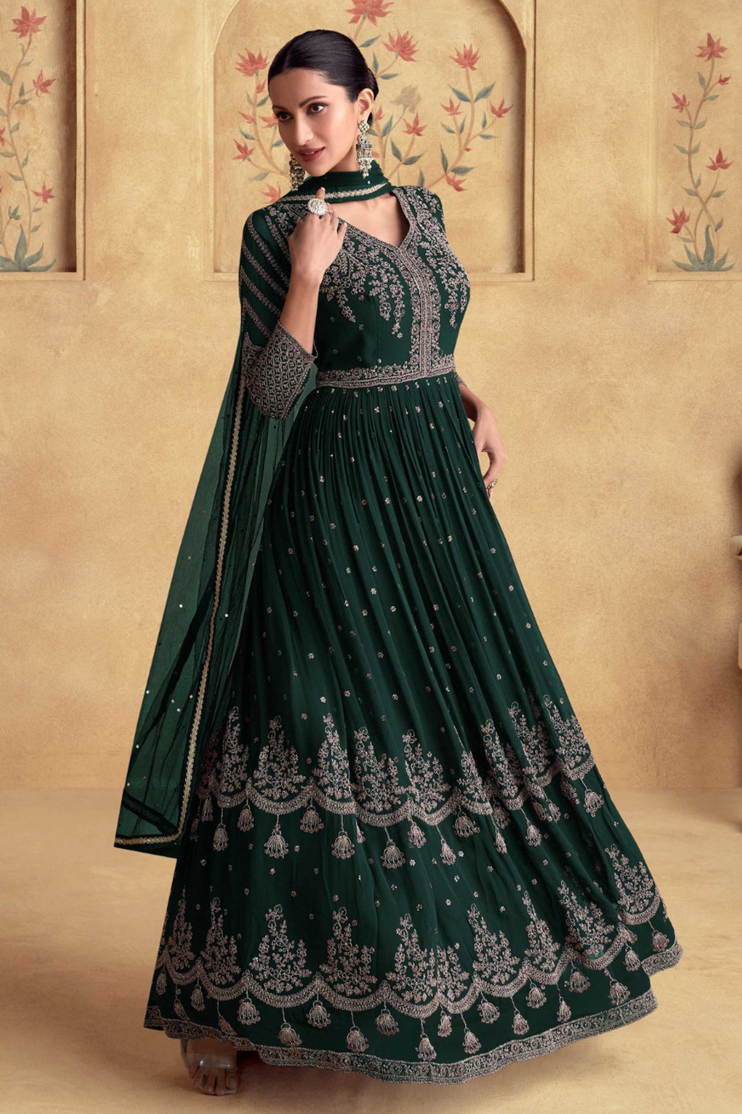 Dark Green Anarkali Gown For Wedding With Embroidery Work - Indian Bridal Wear
