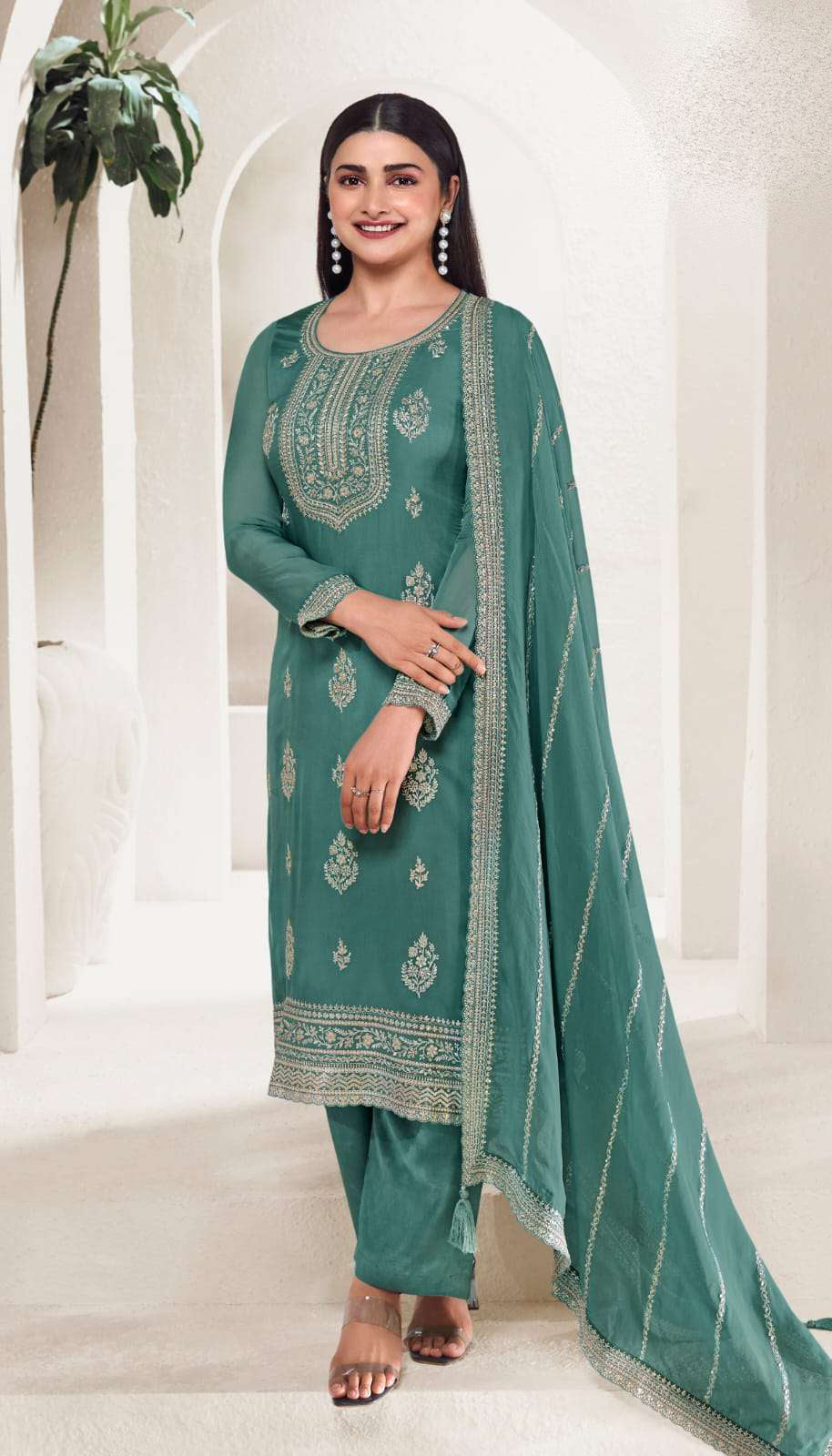 Designer Teal Embroidered Organza Salwar Suit With Thread Work - Indian Wedding Outfit