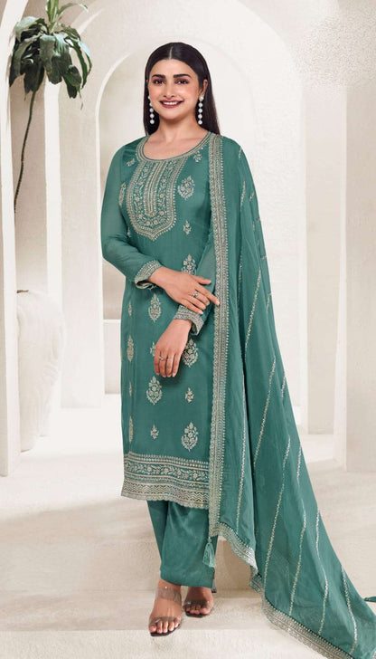 Designer Teal Embroidered Organza Salwar Suit With Thread Work - Indian Wedding Outfit