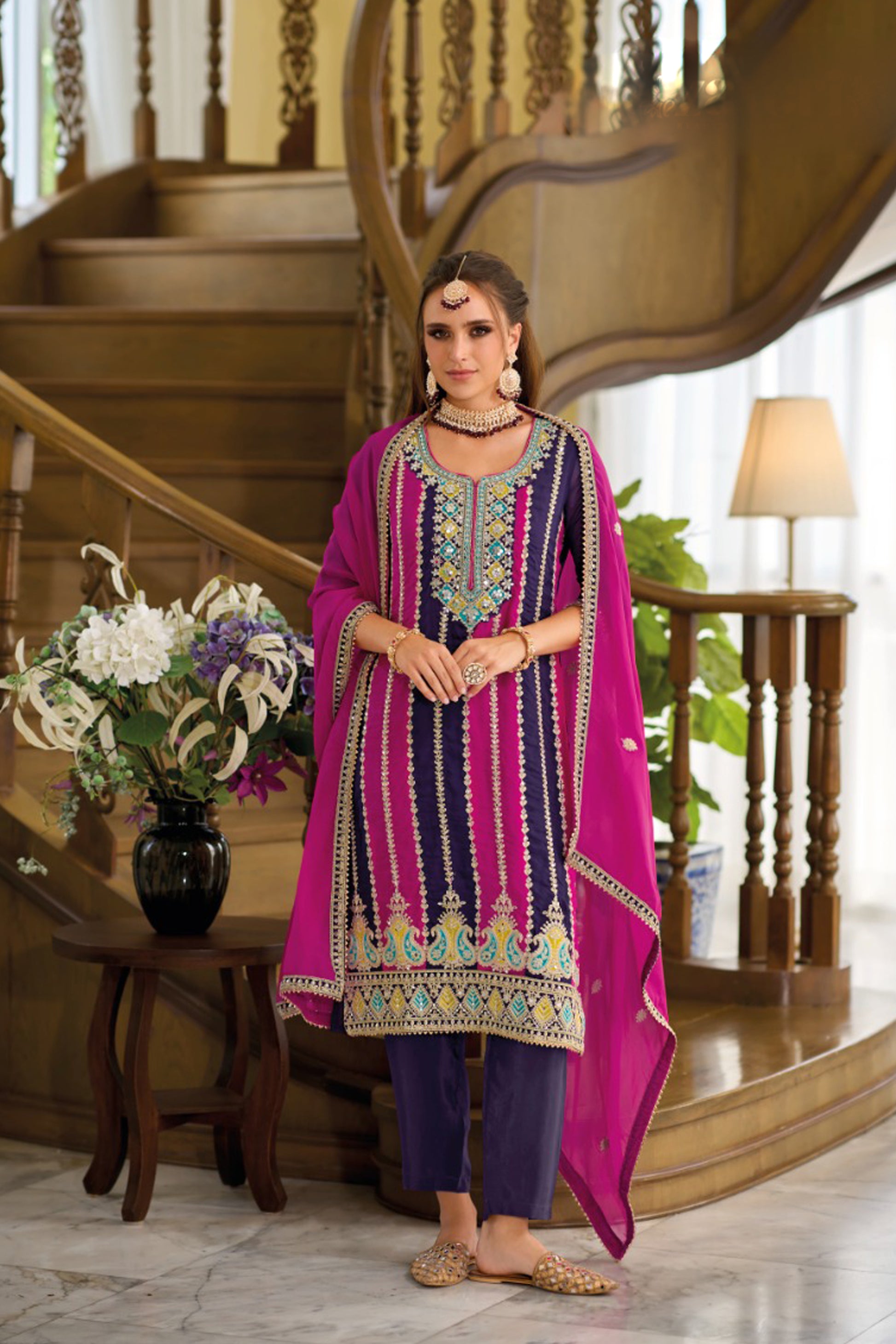 Pink Embroidered Salwar Kameez with Organza Dupatta - Front View - Traditional Pakistani Outfit for Weddings