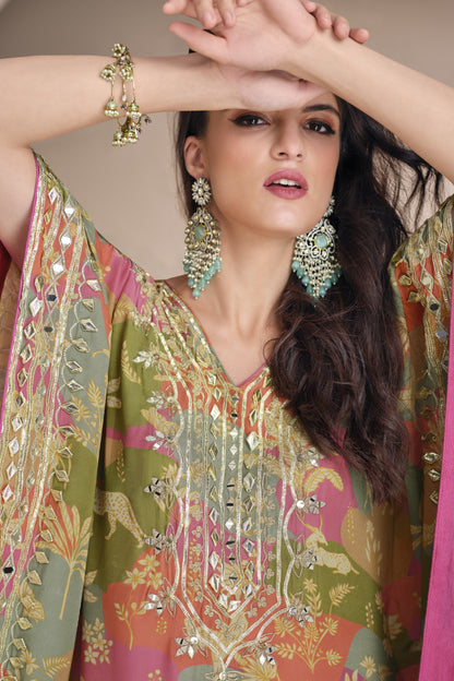 Close-Up of Tulip Hand Mirror Work and Gota Patti Detailing on Pink Salwar Kameez