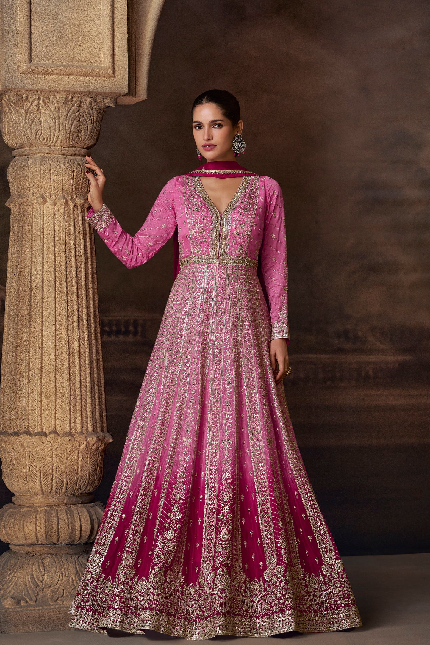 Pink Heavy Embroidery Worked Stylish Real Georgette Anarkali Gown Dupatta Suits 