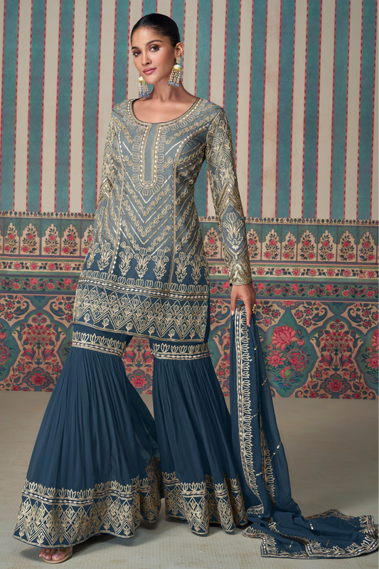 Blue Luxury Sharara Suit Heavy Embroidered Georgette Elegant Indian Wedding Party Outfit Designer Dupatta USA