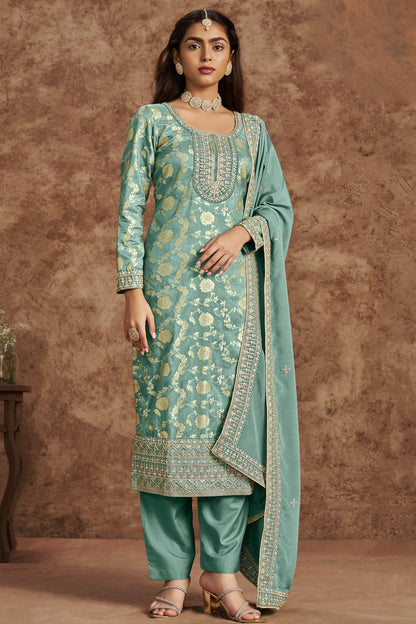 Pistachio Green Salwar Kameez with Heavy Embroidery and Dupatta for Eid and Diwali Festivals