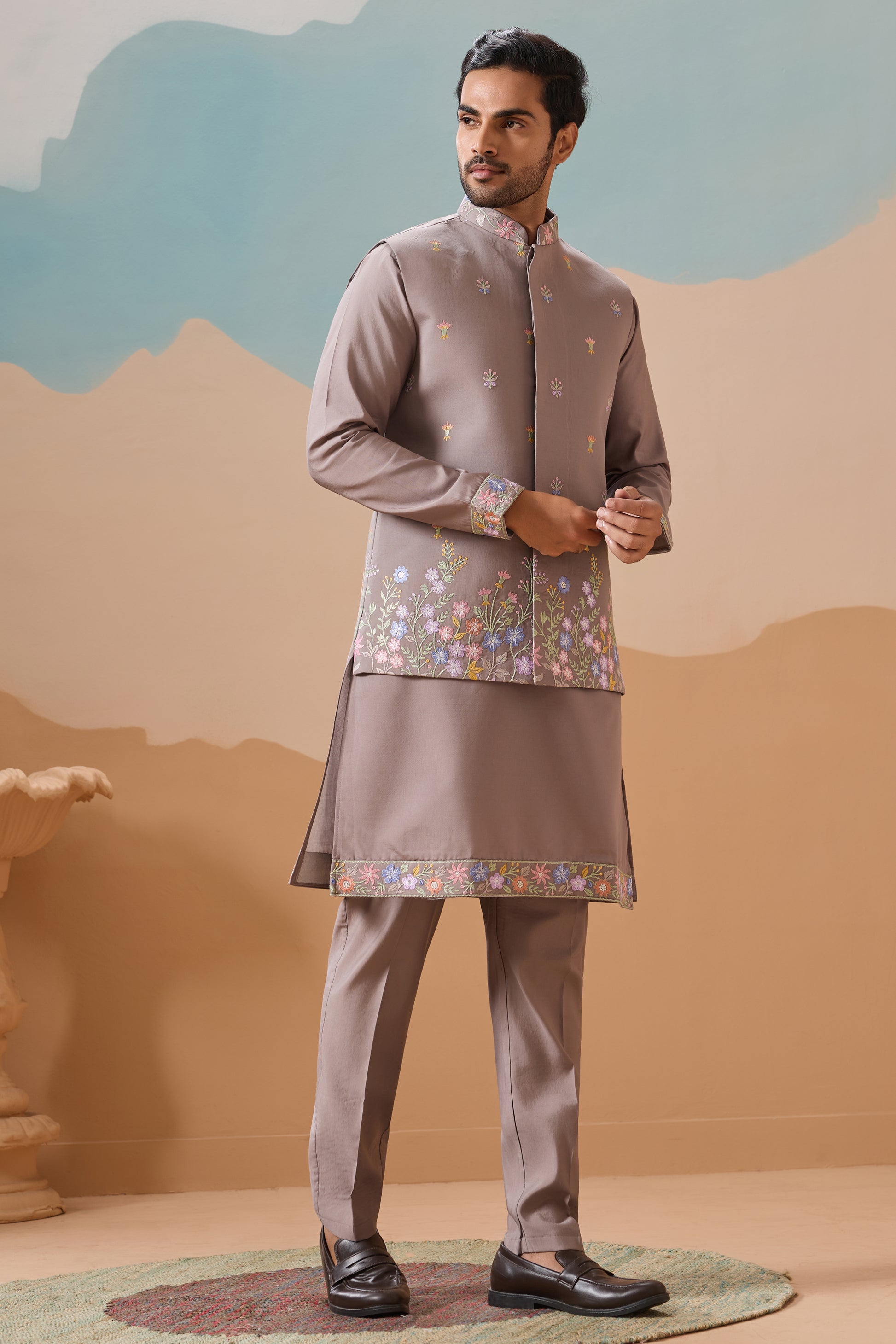 Gray Men's Ethnic Wedding Kurta detail showing premium viscose silk fabric and sequin wor