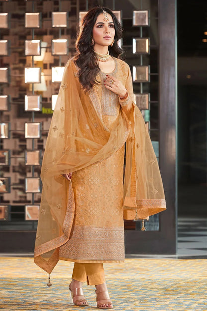 Brown Embroidered Salwar Kameez with Heavy Golden Thread Work - Front View Ready to Wear Ethnic Dress