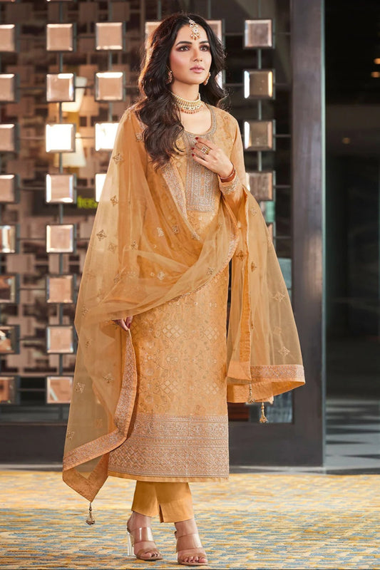 Brown Embroidered Salwar Kameez with Heavy Golden Thread Work - Front View Ready to Wear Ethnic Dress