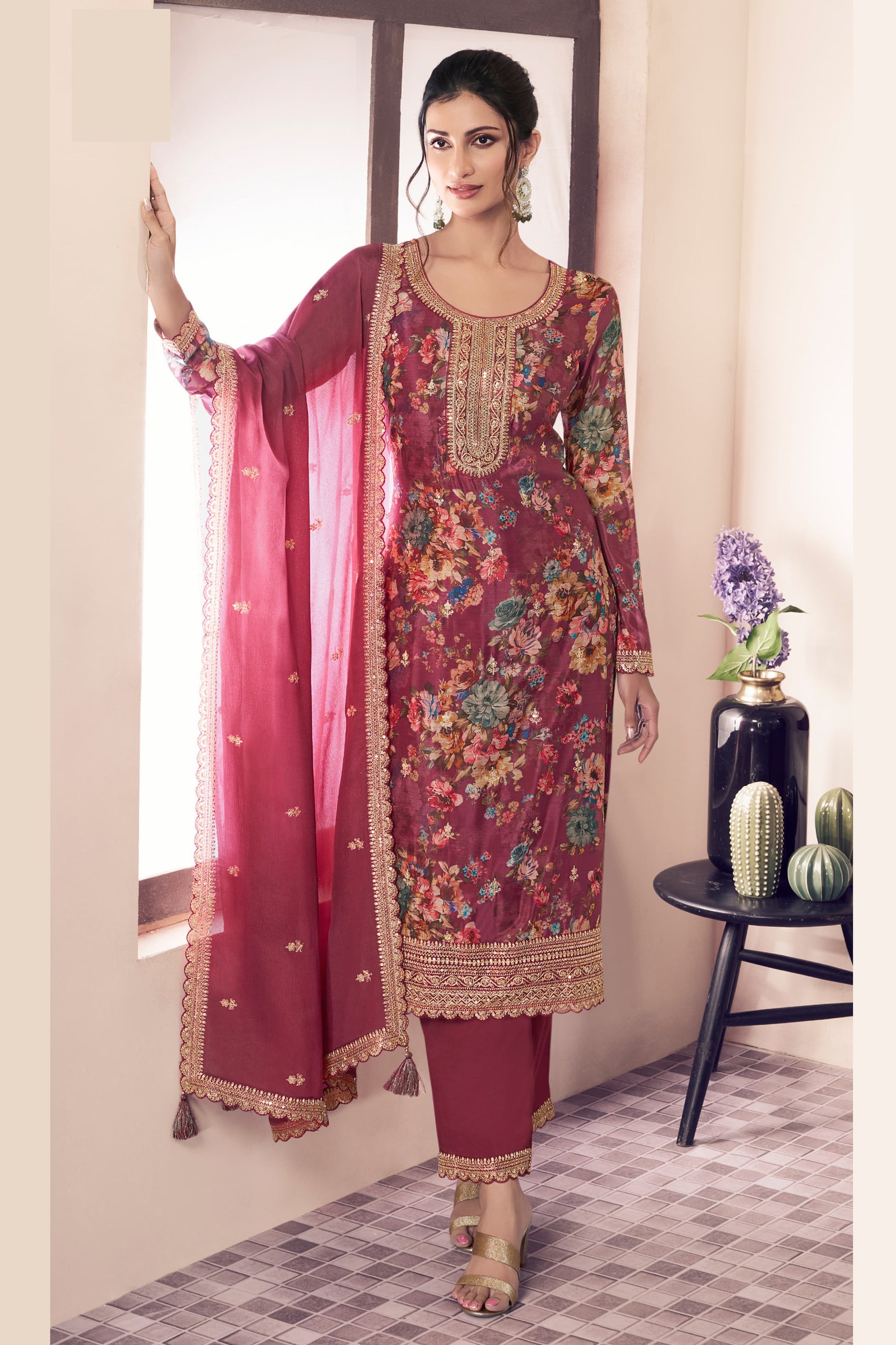 Pink Embroidered Salwar Kameez with Chinon Fabric - Indian Wedding Outfit USA Canada