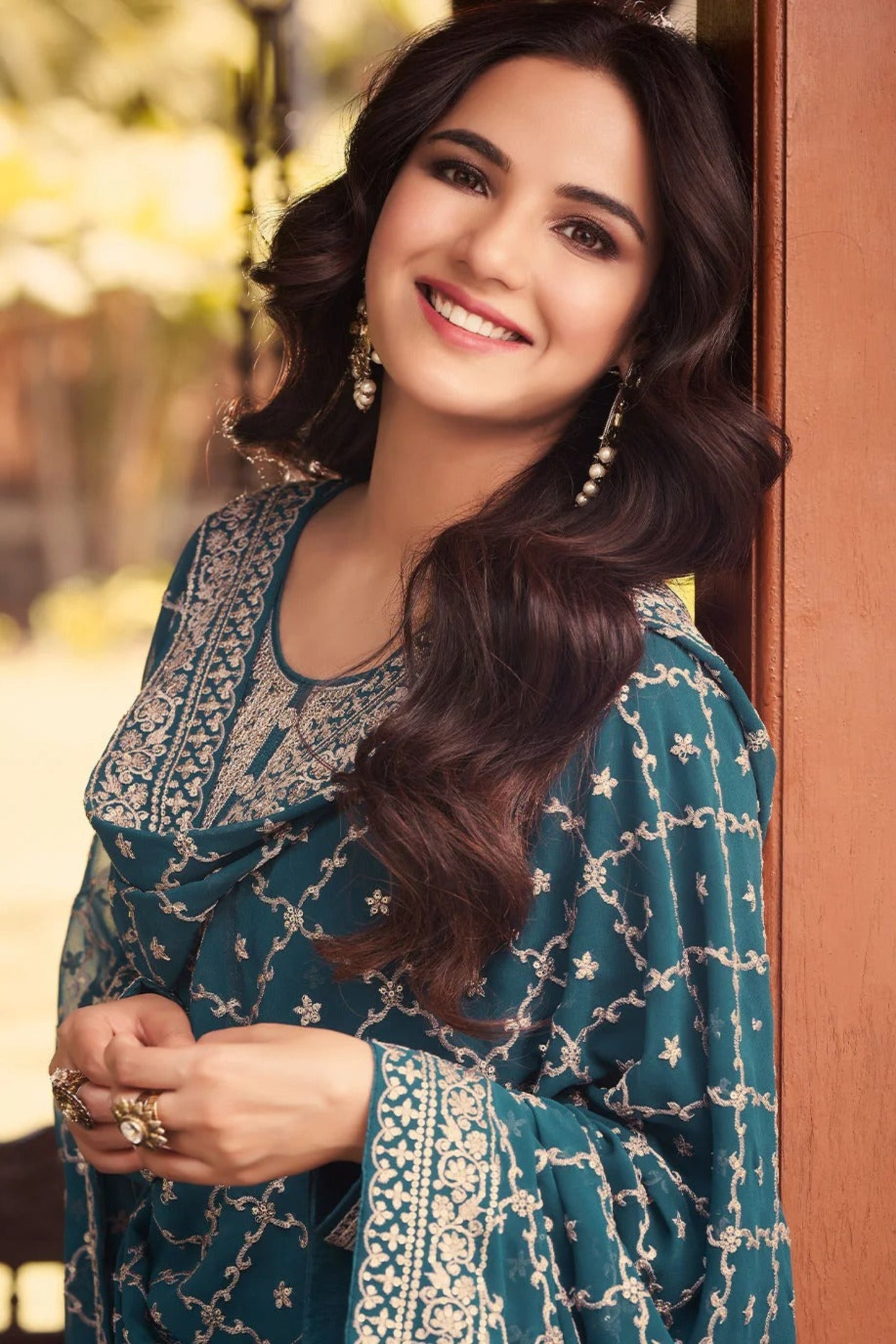 Teal Salwar Kameez Back View Showing Embroidery Details and Palazzo Drape 