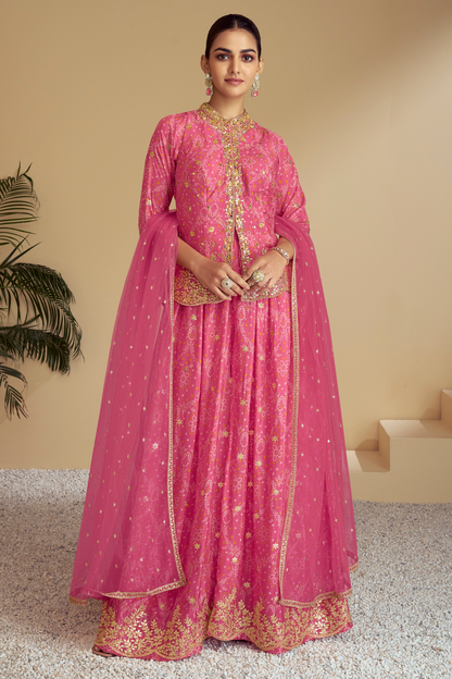 Pink Designer Sharara Suit With Digital Embroidery - Front View Complete Wedding Outfit