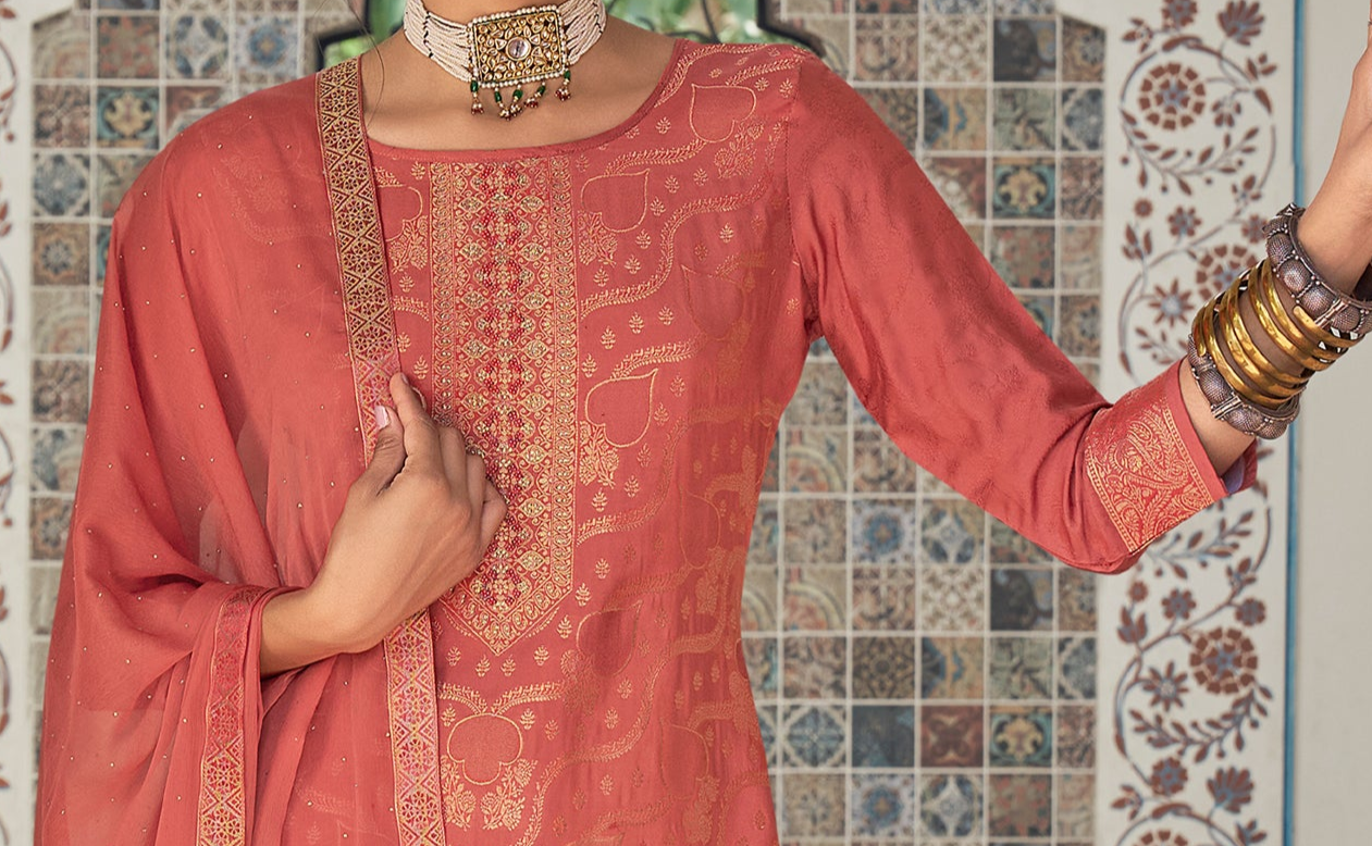 Plus Size Indian Pakistani Salwar Kameez With Dupatta - Orange Jacquard Handwork Dress
