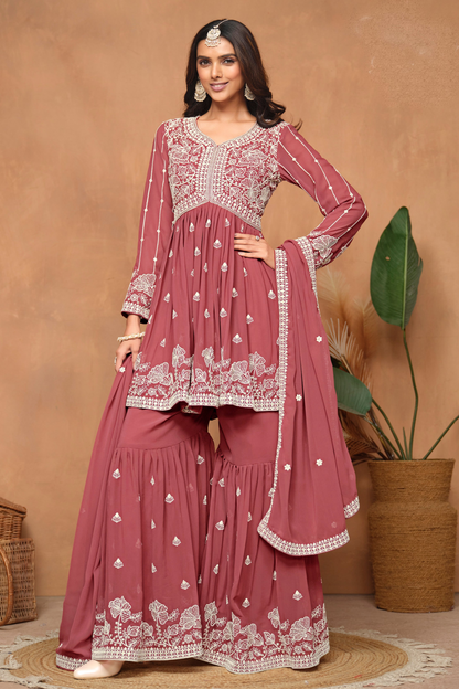 Red Embroidered Sharara Suit by Seyuri - Indian Wedding Outfit USA
