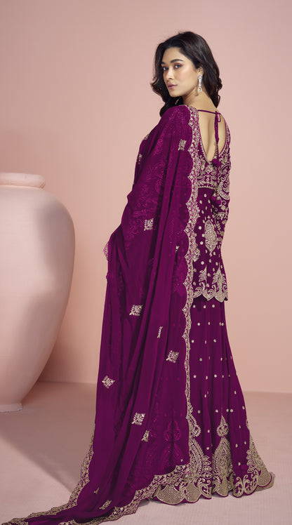 Close-Up Embroidery Detail On Wine Palazzo Suit - Premium Georgette Fabric