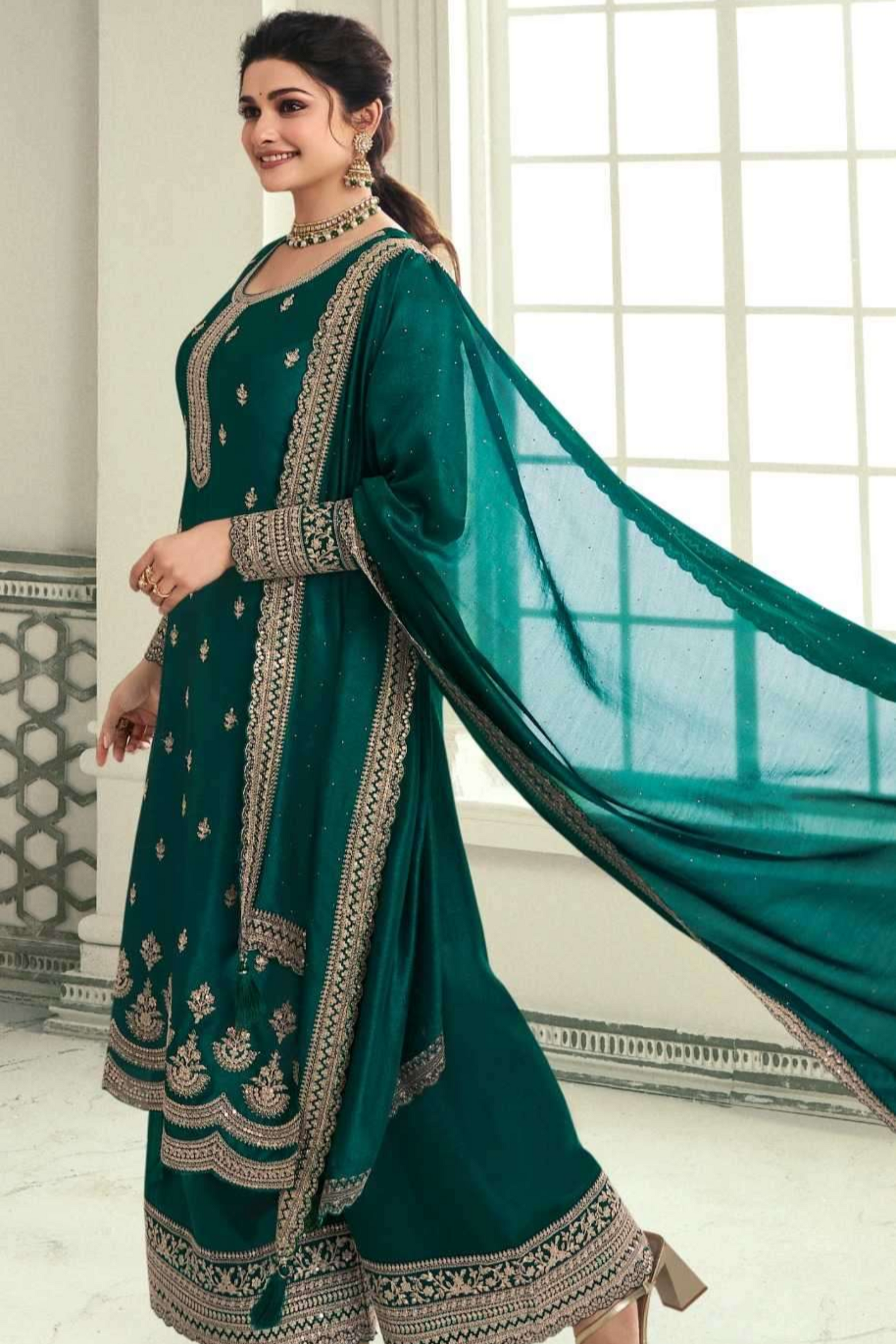 Green Women's Embroidery Designer Palazzo Outift