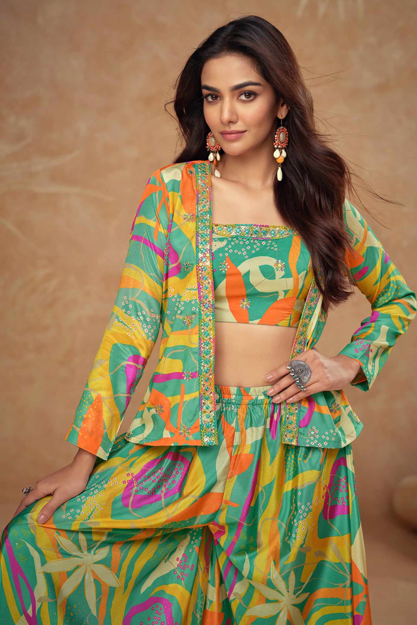 Elegant Party Wear – Real Chinon & Silk Shrug Palazzo Suits For Women 