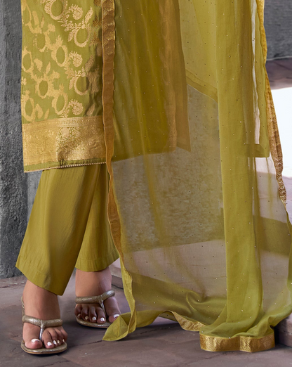  Yellow Indian Designer Muslin Jacquard Printed Party Wear Women's Salwar Kameez Pant Suit's