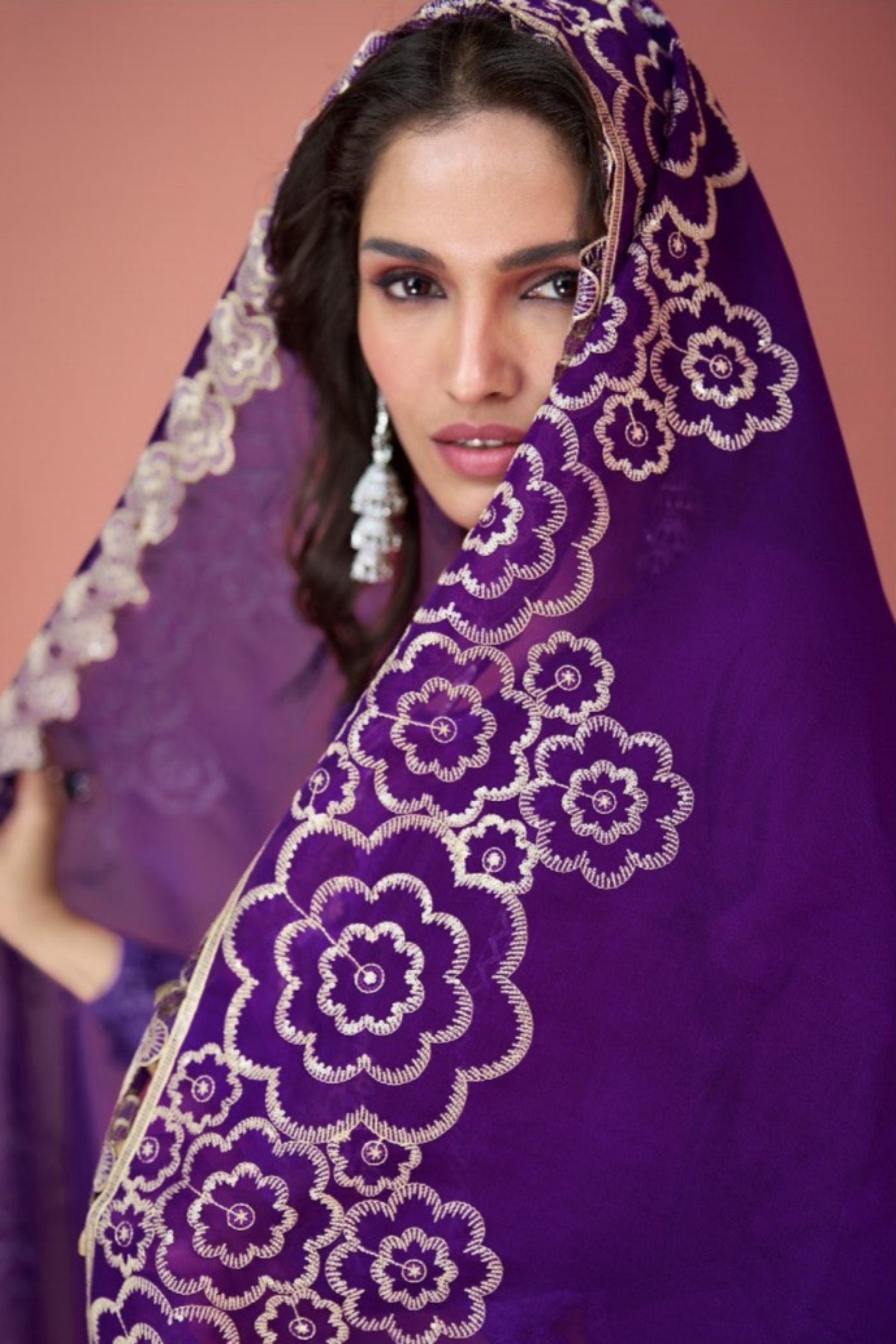 Purple Embroidered Salwar Suit Close-Up Showing Premium Silk Fabric Texture and Craftsmanship