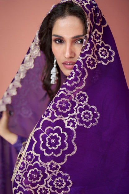 Purple Embroidered Salwar Suit Close-Up Showing Premium Silk Fabric Texture and Craftsmanship