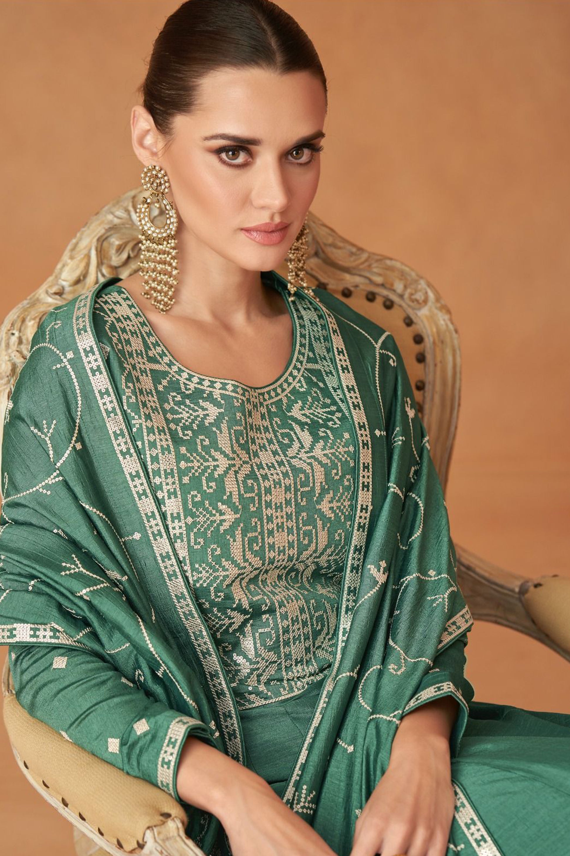 Pakistani Long Green Premium Silk Wedding Anarkali Dress With Dupatta For Women