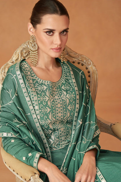 Pakistani Long Green Premium Silk Wedding Anarkali Dress With Dupatta For Women