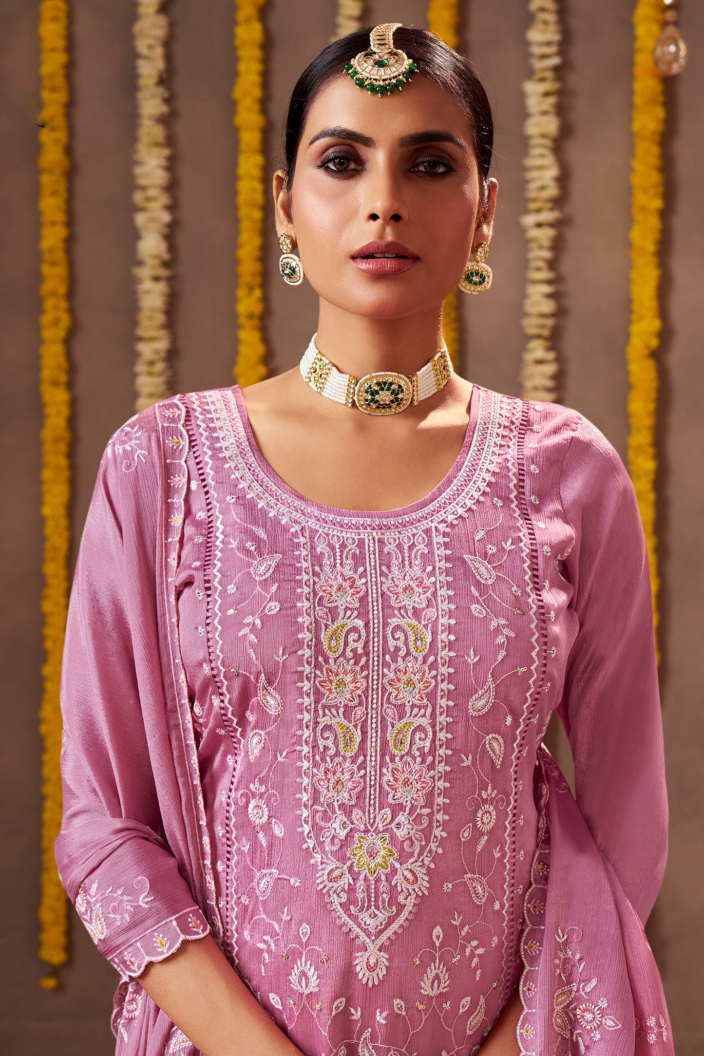 Stylish Plus Size Indian Designer Salwar Suit made from premium Chinon fabric.