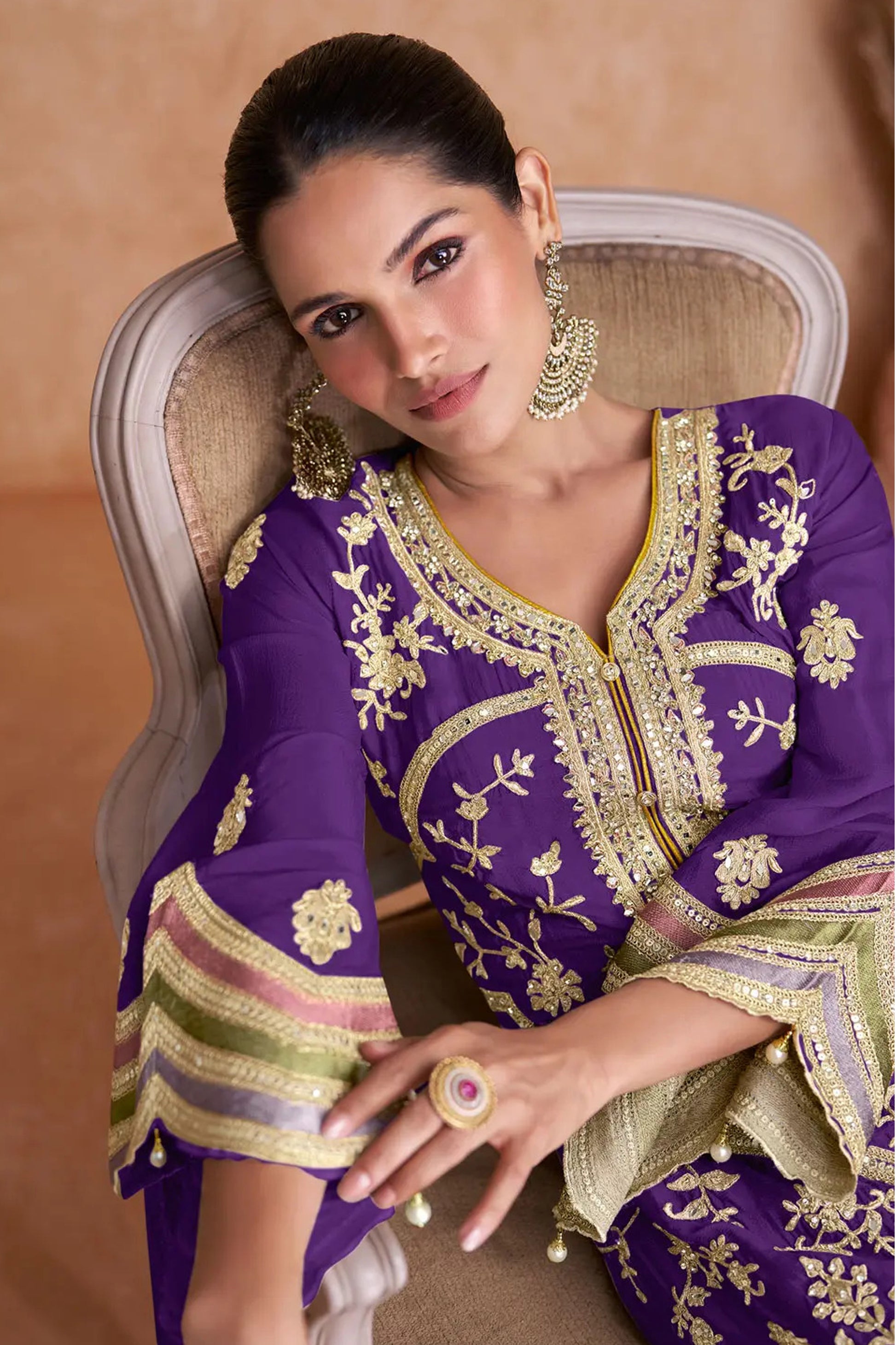 Fusion Purple Salwar Kameez Full View - Heavy Chinon Fabric with Western Touch for Indian Weddings