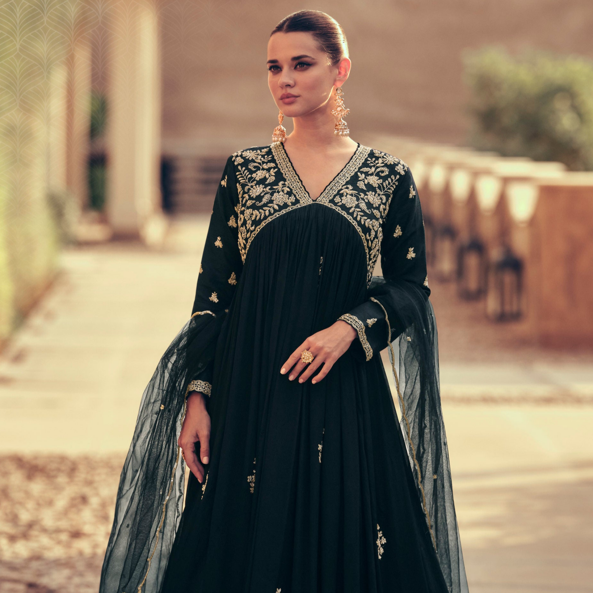 Designer Anarkali Gown Wedding Long Chinon Silk With Dupatta Dreeses