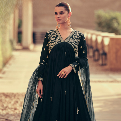 Designer Anarkali Gown Wedding Long Chinon Silk With Dupatta Dreeses