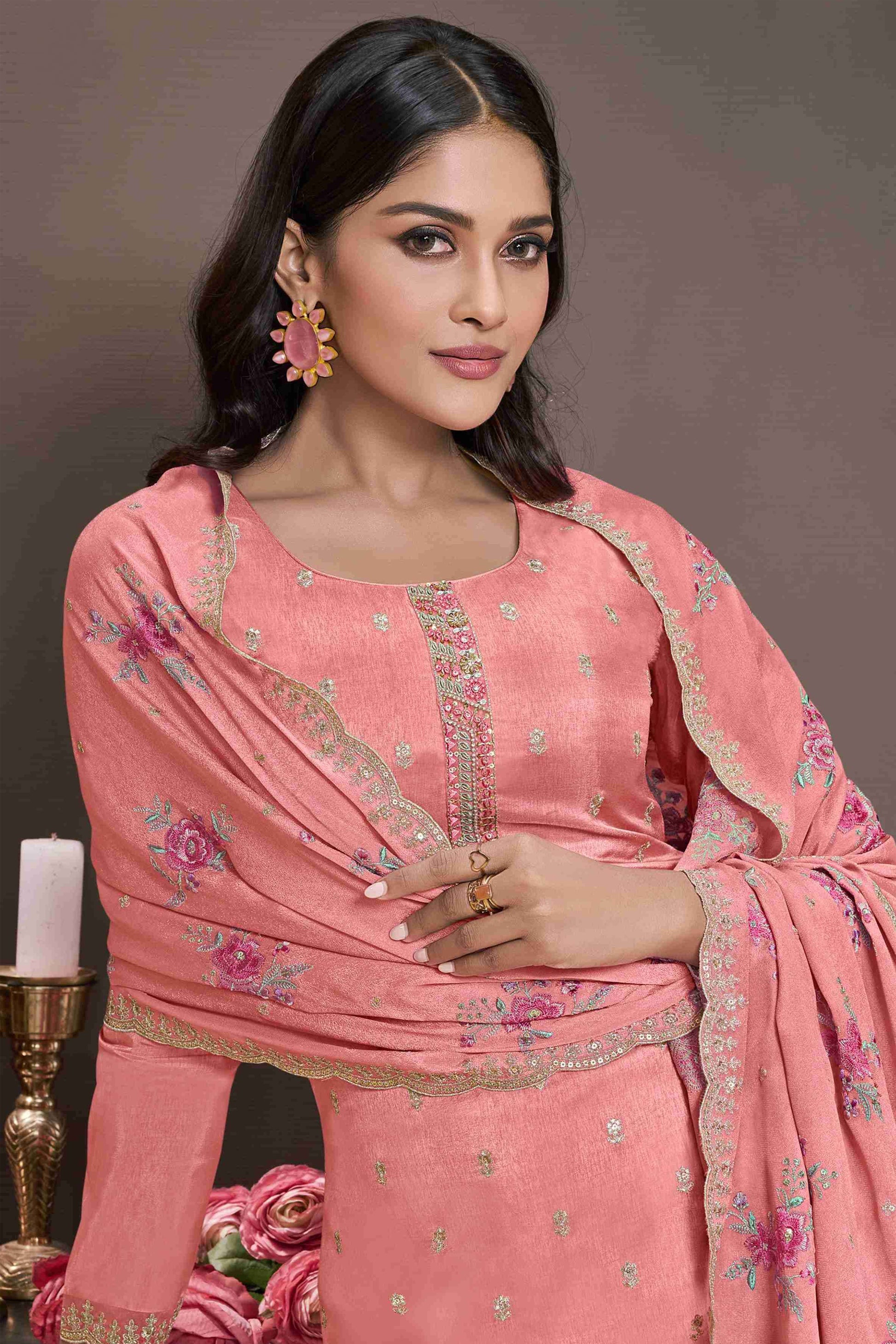 Traditional Peach Pink Salwar Kameez With Intricate Embroidery For Religious Ceremonies