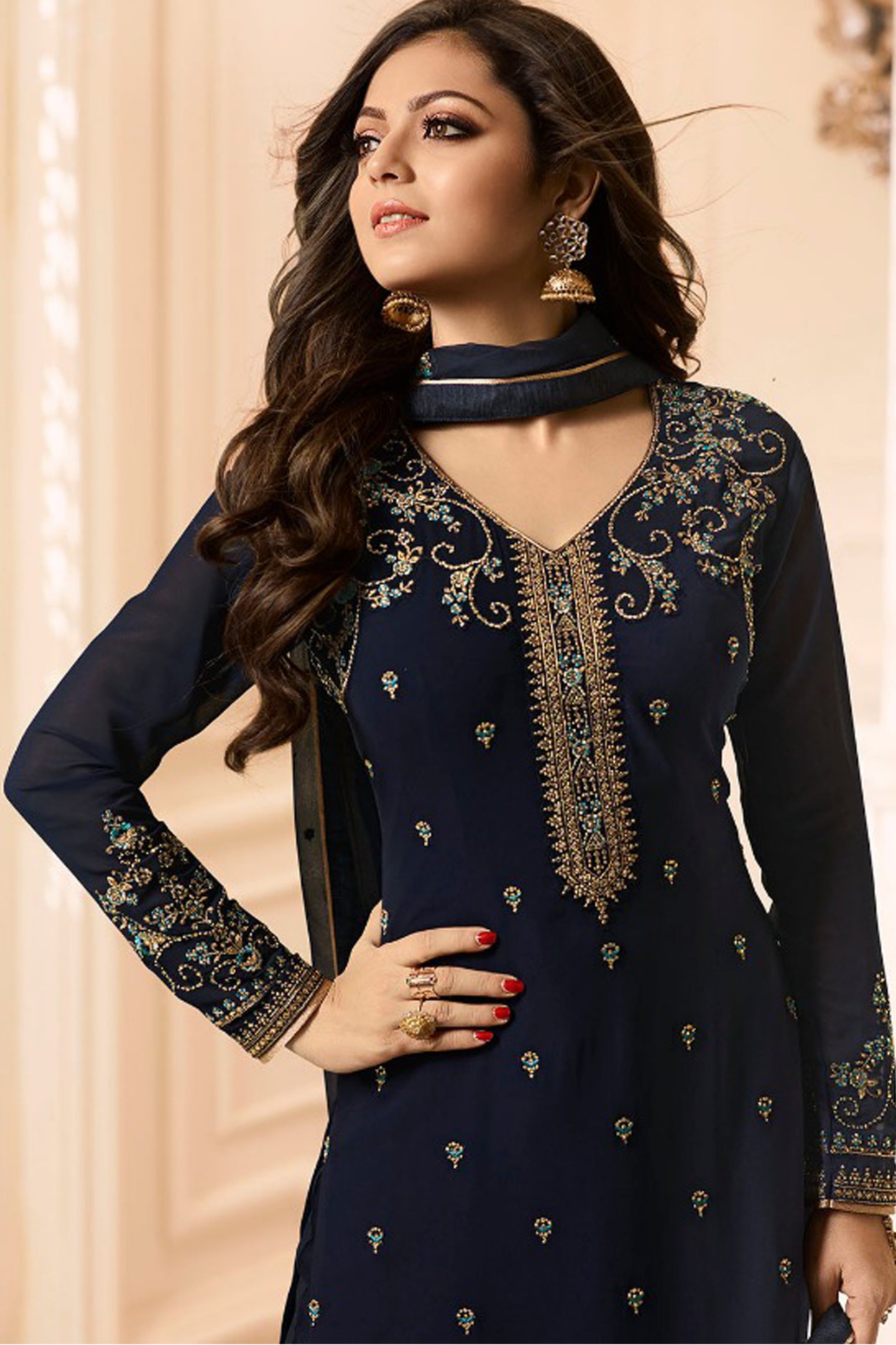 Dark Blue Embroidered Georgette Salwar Kameez with Dupatta - Seyuri Indian Ethnic Wear USA