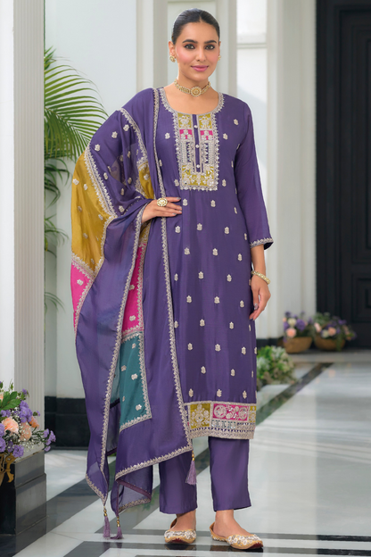 Purple Embroidered Salwar Kameez Set with Heavy Chinon Fabric - Front View Ready to Wear Pakistani Indian Suit for Weddings USA Canada