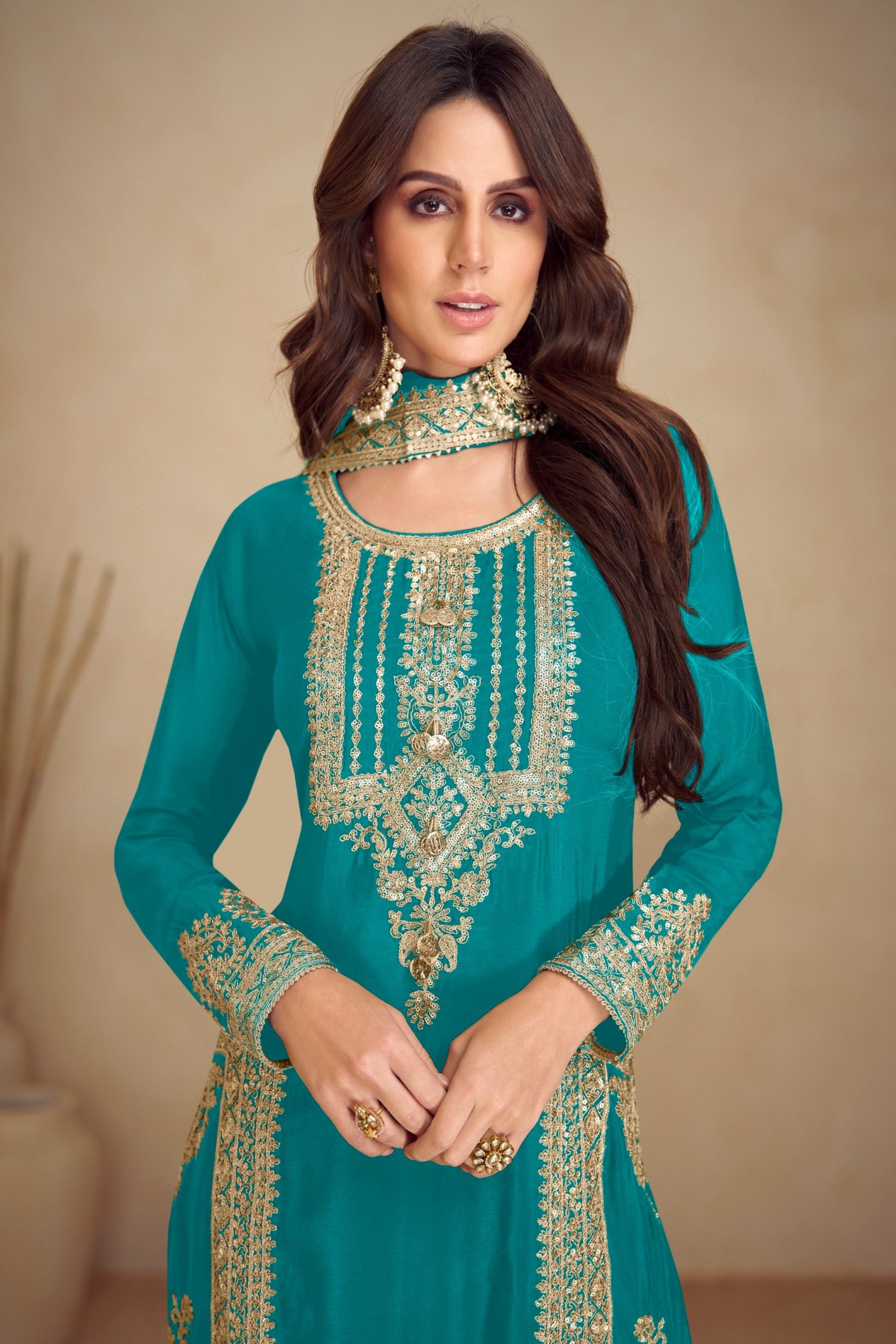 Teal Blue Chinon Salwar Suit Complete Set With Dupatta - Traditional Ethnic Wear USA Canada UK