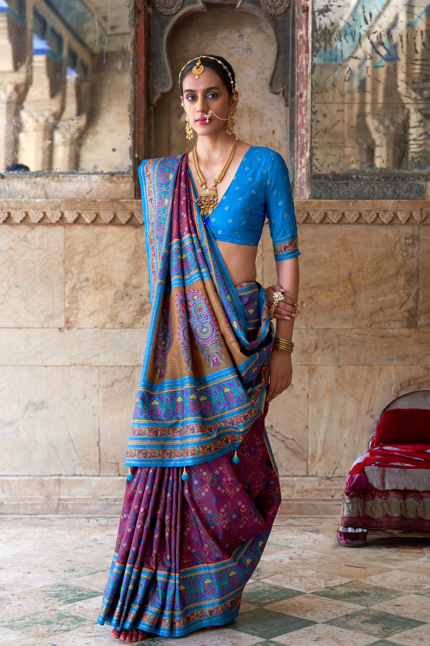 Wine Silk Designer Saree With Embroidery And Gota Patti Work - Indian Wedding Wear By Seyuri