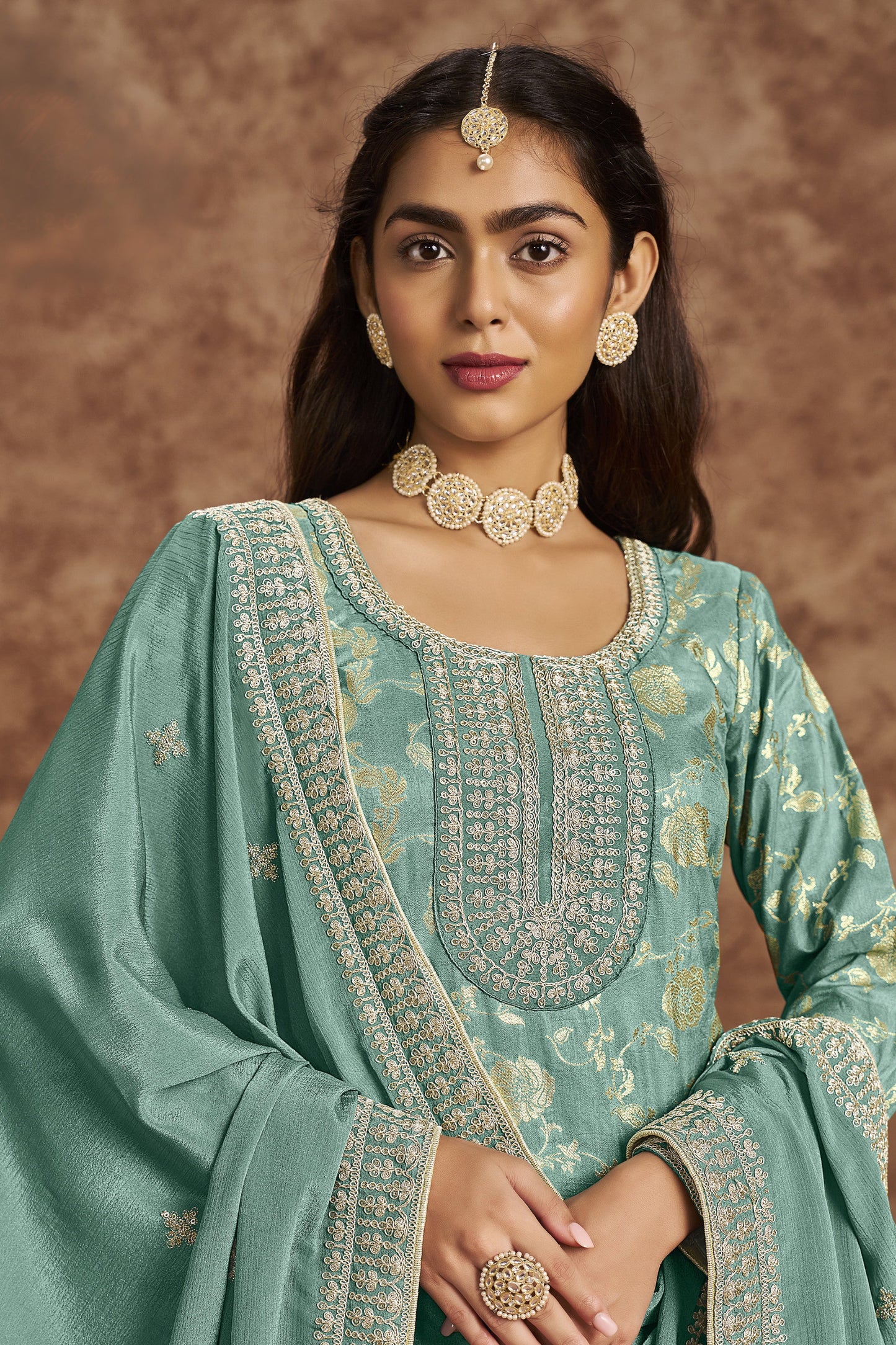 Front View of Pistachio Green Ready-to-Wear Salwar Suit with Dola Jacquard Fabric