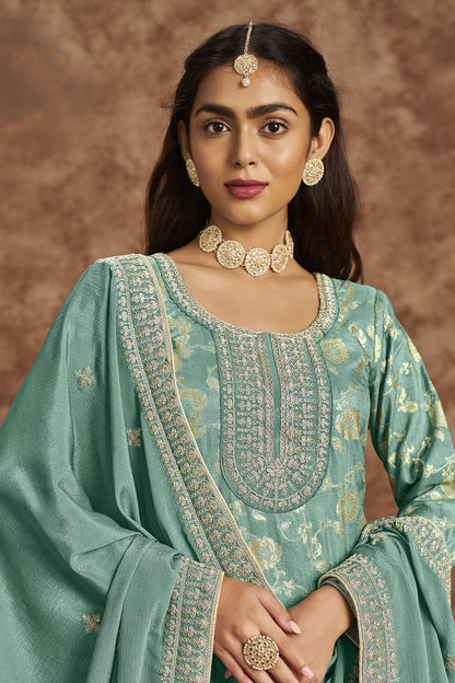 Front View of Pistachio Green Ready-to-Wear Salwar Suit with Dola Jacquard Fabric